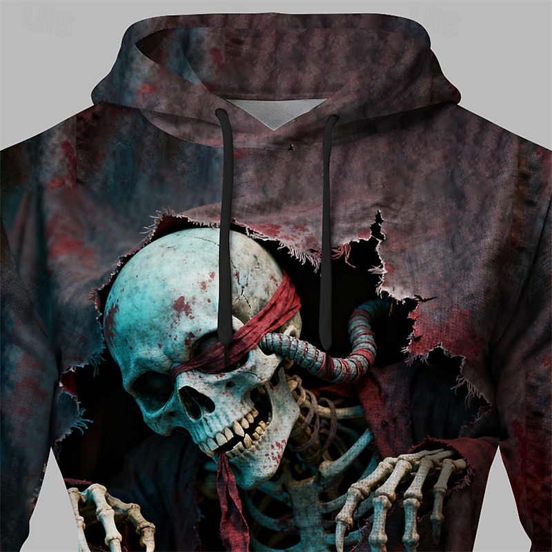 Halloween Men's Skull Hoodie Fashion Daily Hooded Vacation Party Streetwear Burgundy Drawstring Printing Fall Winter Designer2