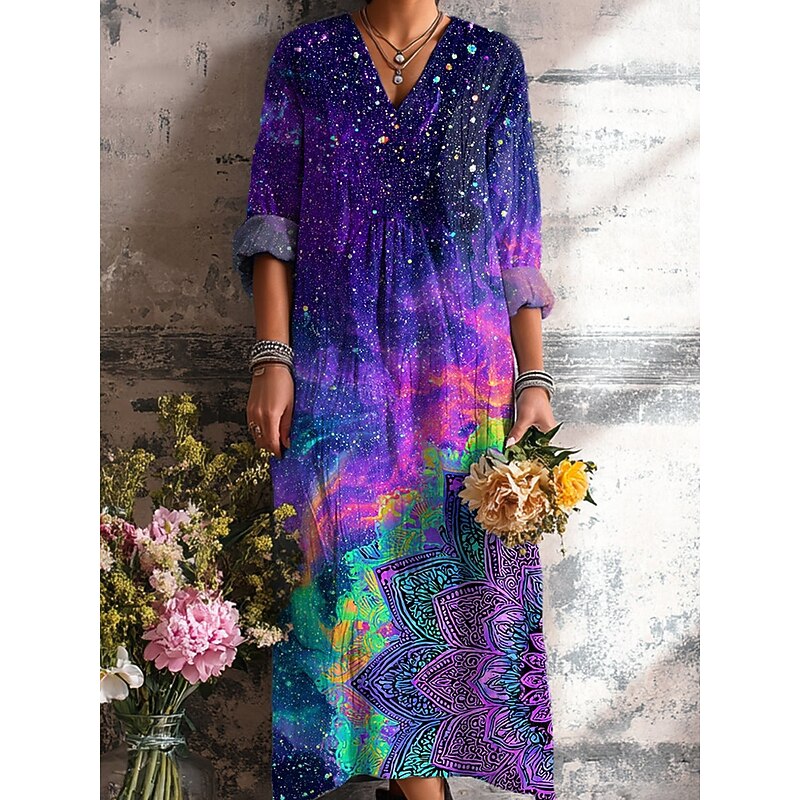 Women's Midi Dress Shift Dress Vacation Casual Boho Going out Beach Loose Fit Floral Graphic Long Sleeve V Neck Yellow Pink Purple Spring Fall Winter2