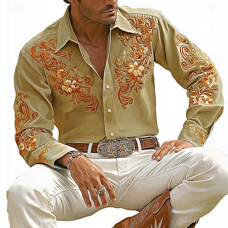 Men's Floral Print Flowers Shirt Western Shirt Cowboy Shirt Long Sleeve Vintage Retro Outdoor Vacation Spring Fall Turndown 3D Print Linen Like Shirt Blue Purple Khaki3