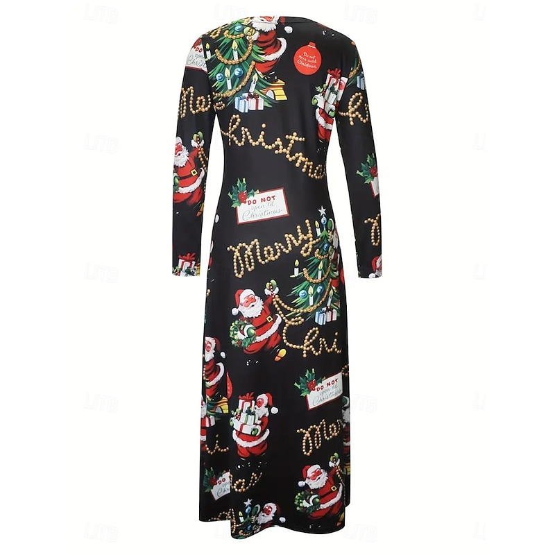 Christmas Women's Maxi Dress T Shirt Dress Tee Dress A Line Dress Summer Dress Vacation Casual Beach Daily Regular Fit Graphic Santa Claus Tree Long Sleeve Crew Neck Black Beige Spring Fall Winter2