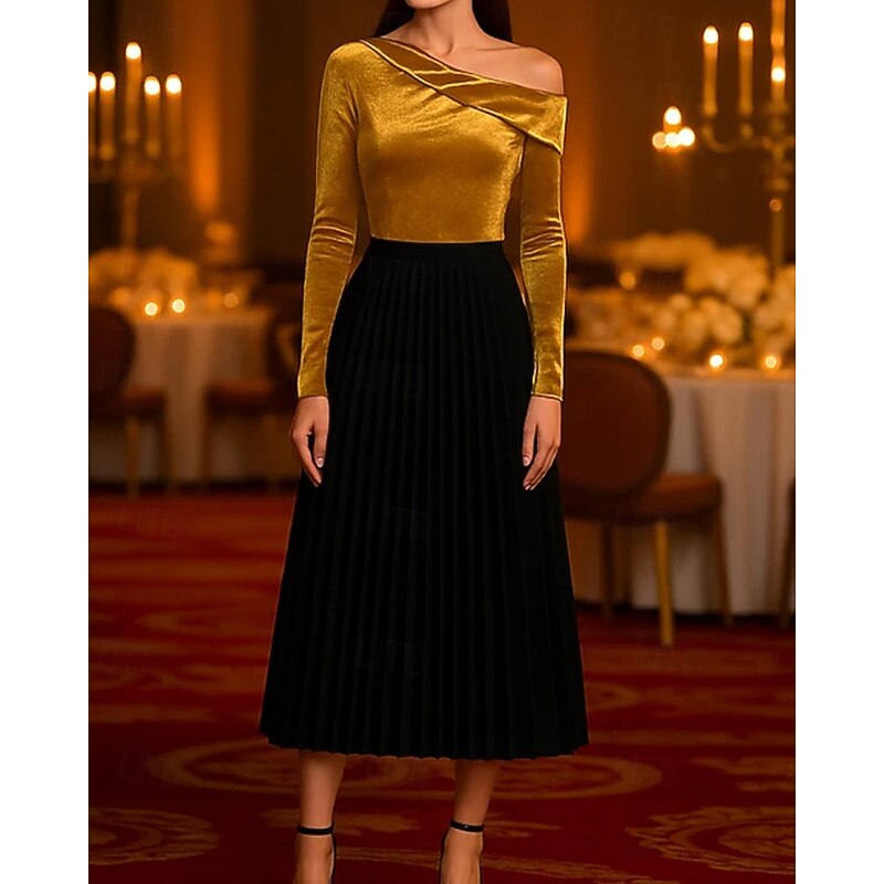 Black Tie Stretch Velvet A-Line Cocktail Dresses Elegant Dress Formal Wedding Tea Length Long Sleeve One Shoulder with Pleats 20254