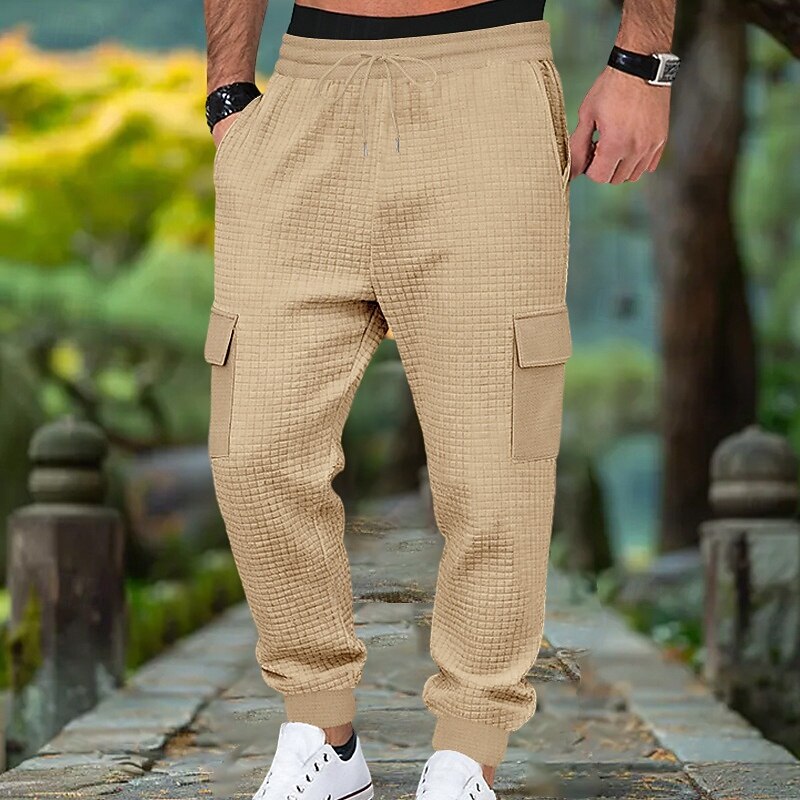 Men's Waffle Cargo Sweatpants Joggers Trousers Casual Pants Drawstring Multi Pocket Plain Comfort Full Length Outdoor Home Party Vacation Ethnic Style Black White Stretchy3