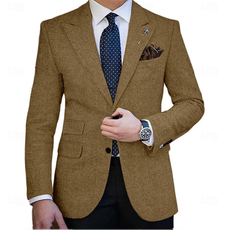 Men's Tweed Blazer Closure collar Retro Vintage Herringbone Blazer Brown khaki Dark Grey Plus Size Single Breasted Two-buttons