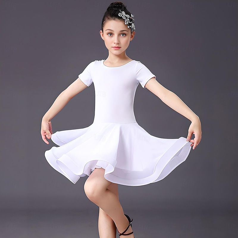 Latin Dance Dress Solid Girls' Training Performance Short Sleeve Spandex