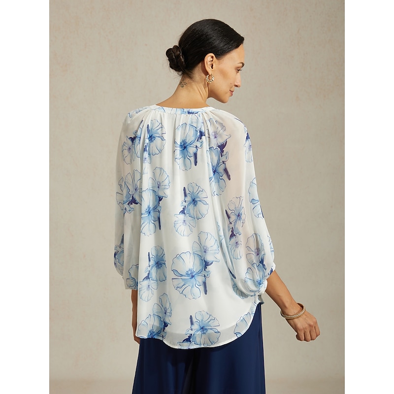 Women's Chiffon Blouse Ink Floral Print Elegant Casual Office Spring Summer Fall2