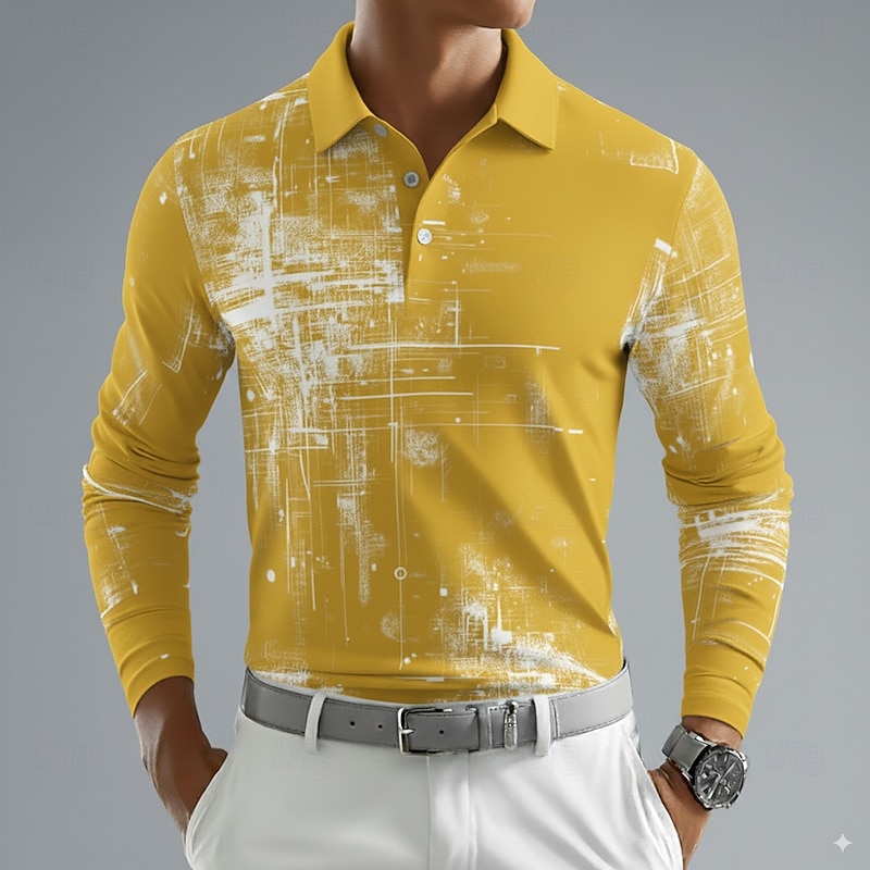 Men's Geometric Abstract Polo Long Sleeve Polo Shirts Lapel Casual Outdoor Street Athleisure Daily Wear 3D Print Buttons Spring Fall Winter White Yellow Blue3