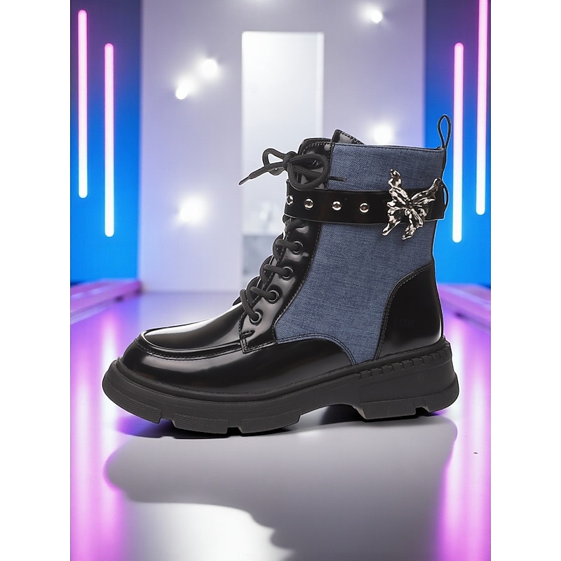 Korean Idol Inspired Pop Star Costume Shoes, Women's Black Patent Leather and Denim Combat Boots with Butterfly Charm – Trendy Lace-Up Ankle Boots for Casual Streetwear, Kpop, Parties and Fall Outfits4