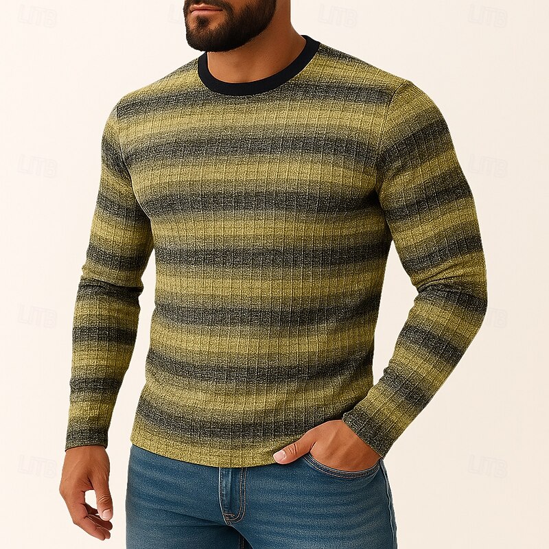 Men's Muscle Shirt Ribbed Knit tee Tee Top Long Sleeve Shirt Long Sleeve Crew Neck Summer All Seasons Horizontal Stripes Daily Casual Street Style Ribbed Outdoor Street Causal Pink Yellow khaki Top