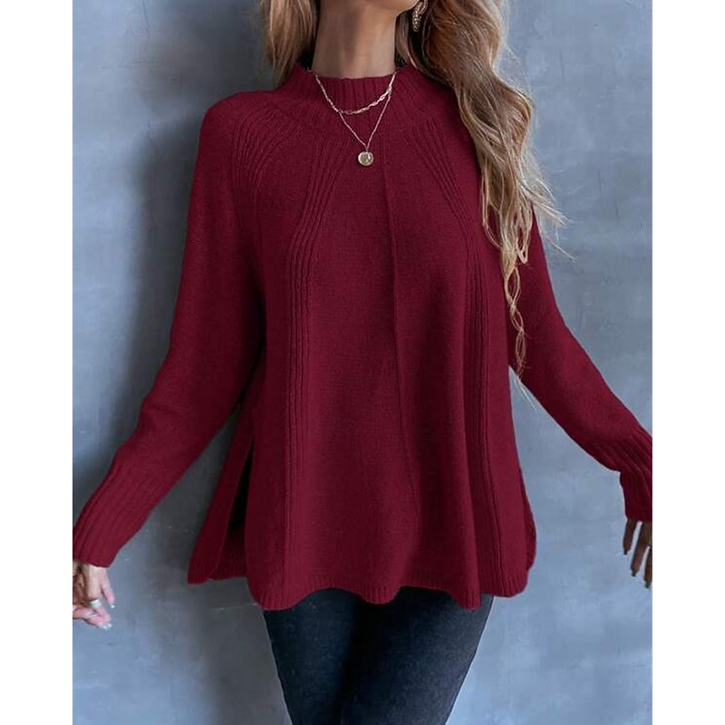 Women's Sweater Pullover Fashion Casual Solid Color Ribbed Crew Neck Mock Neck Knitted Long Sleeve Regular Tops Knit Outdoor Daily Weekend Wine Red Black Fall Winter4