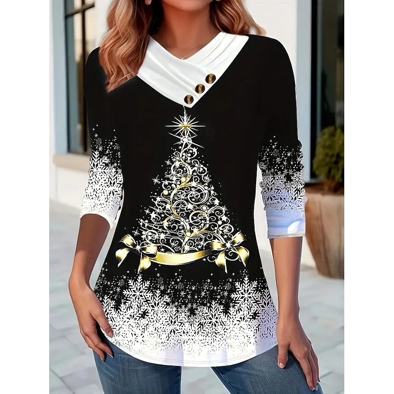 Christmas Women's T Shirt Graphic Santa Claus Snowflake Vintage Stylish Classic Long Sleeve Crew Neck V Neck Regular Tops Daily Buttons Print Asymmetrical Black Red Blue Green Spring Fall Winter4
