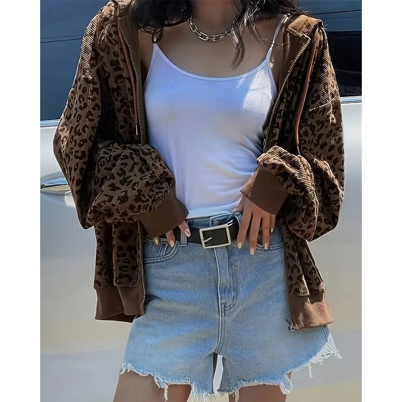 Women's Zip Up Hoodies Hoodies Leopard Vintage Fashion Streetwear Long Sleeve Hooded Regular Tops Street Dailywear Casual Zipper Brown Fall Winter2