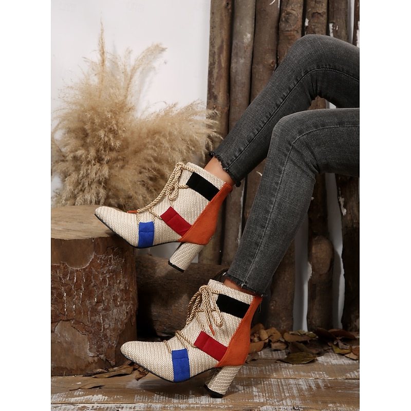 Women's Boots Combat Boots Daily Lace-up Chunky Heel Pointed Toe Casual Knit Zipper Beige3