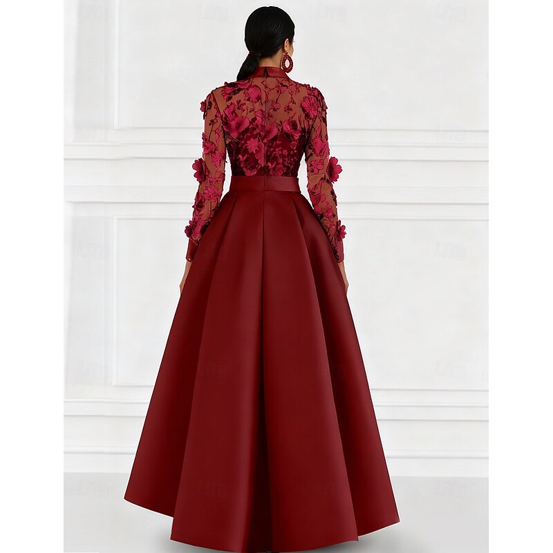Red Blue A-Line Mother of the Bride Dress Elegant Shirt Collar Floor Length Satin Lace Long Sleeve with Embroidery2