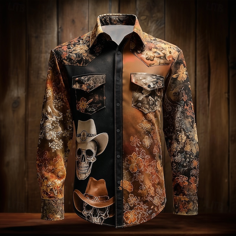 Men's Skull Floral Print Flowers Shirt Western Shirt Cowboy Shirt Long Sleeve Vintage Retro Outdoor Daily WorkWear Fall & Winter Turndown 3D Print Front Two Pockets Button Up Shirts Orange