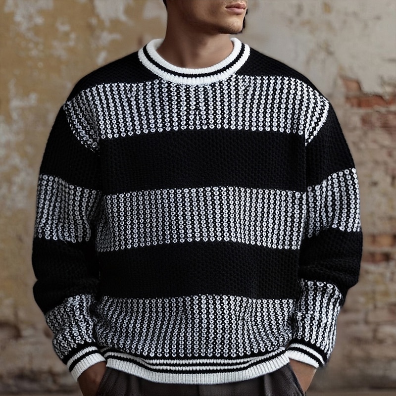 Men's Pullover Sweater Jumper Knit Sweater Ribbed Knit Regular Tops Knitted Color Block Crew Neck Fashion Basic Vacation Daily Wear Clothing Apparel Fall Winter Black S M L