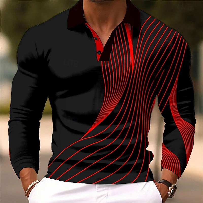 Men's Geometic Line Polo Long Sleeve Polo Shirts Collared Shirts Business Casual Business Athleisure Daily Wear 3D Print Buttons Spring Fall Winter Black Red Blue4