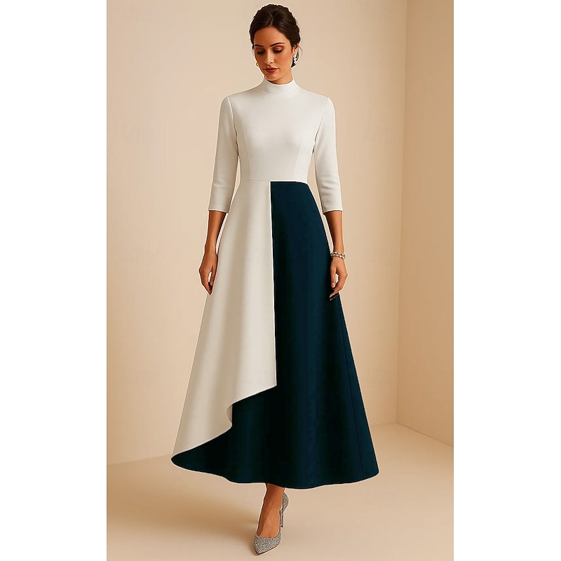 Black and White A-Line Evening Gown Elegant Formal Dress Formal Wedding Tea Length 3/4 Length Sleeve High Neck Stretch Crepe with Ruffles 20254