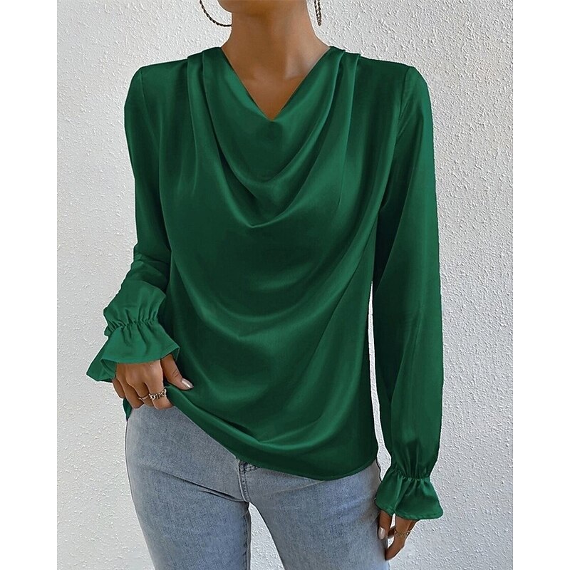 Women's Shirt Elegant Dressy Satin Plain Stylish Casual Long Sleeve Cowl Neck Regular Tops Daily Going out Draped Black Pink Green Apricot Spring Fall