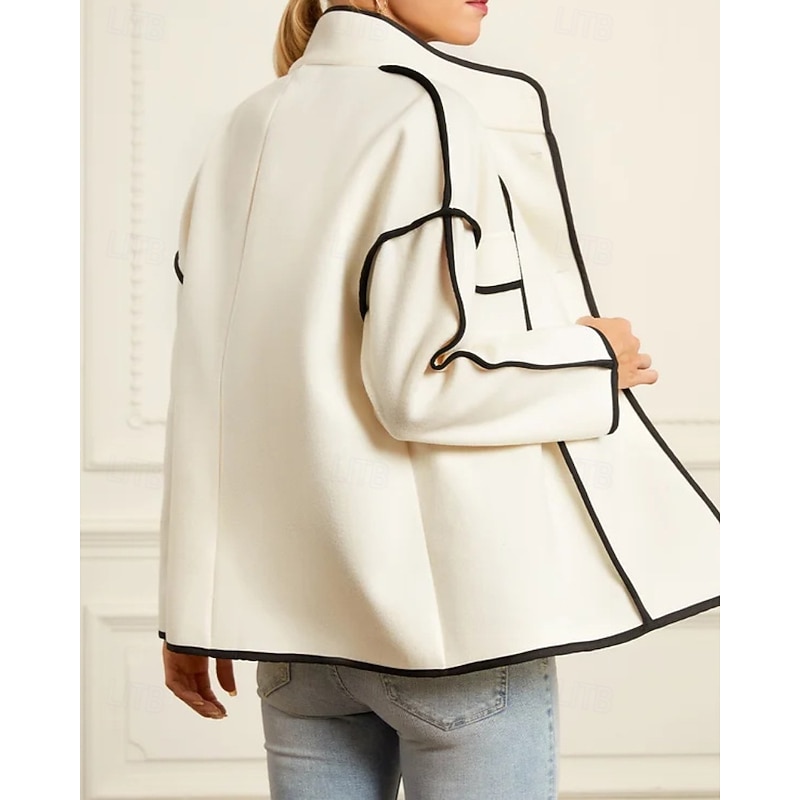 Women's Winter Coat Jacket Warm Comfortable Pocket Buttons Casual Color Block Vacation Street Going out Weekend Regular Stand Collar Regular Fit Long Sleeve Outerwear White Coffee Fall Winter4