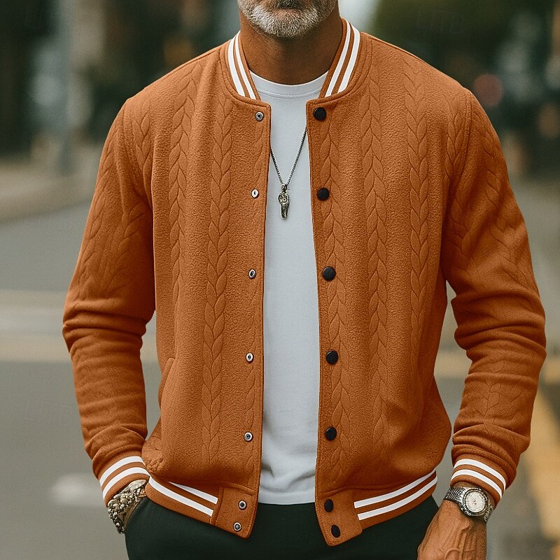 Men's Bomber Jacket Home Office Windbreaker Pocket Spring Fall Solid Color Jacquard Active Neutral Collarless Regular Black White Navy Blue Orange Khaki Jacket