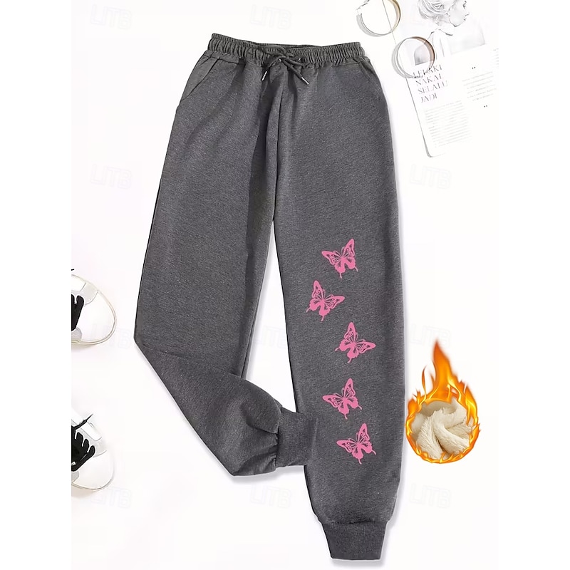 Women's Sweatpants Joggers Vacation Vintage Ethnic Style Full Length High Waist Butterfly Drawstring Pocket Fleece Thermal Warm Windproof Comfy Stretchy Formal Vacation Street Dark-Gray Black Winter2