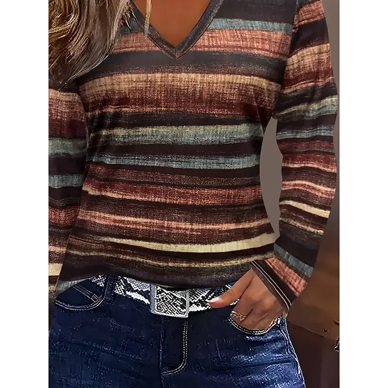 Women's T Shirt Graphic Geometric Striped Vintage Stylish Classic Long Sleeve V Neck Regular Tops Daily Print Brown Fall Winter3