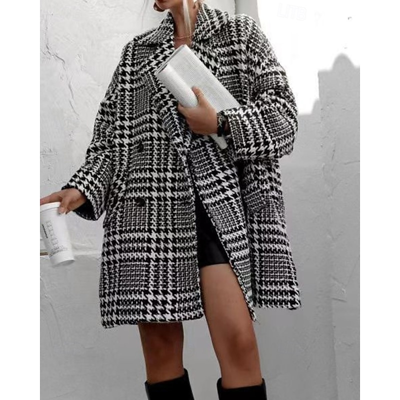 Women's Casual Jacket Warm Comfortable Pocket Buttons Fashion Outdoor Stripes and Plaid Going out Weekend Single Breasted Regular Lapel Regular Fit Long Sleeve Outerwear Black Apricot Fall Winter4