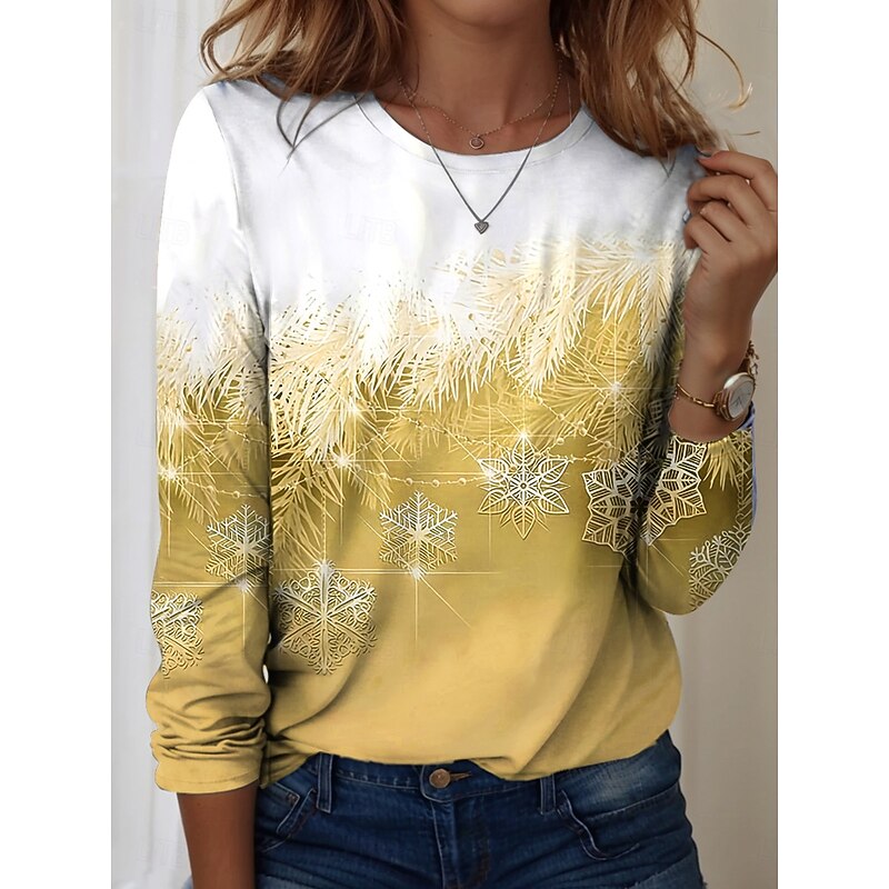 Women's T Shirt Ombre Graphic Snowflake Vintage Fashion Stylish Long Sleeve Crew Neck Regular Tops Daily Weekend Print Yellow Red Blue Purple Green Spring Fall Winter4