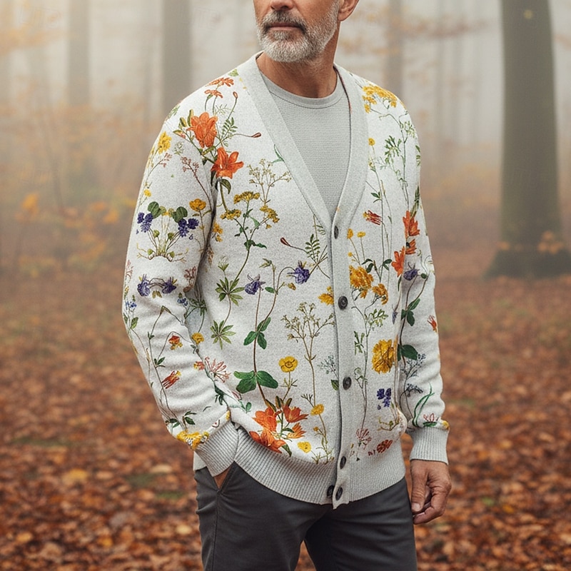 Christmas Men's Floral Botanical Flower / Plants Sweater Cardigan Sweater V Neck Retro Vintage Casual Outdoor Home Party Buckle Long Sleeve Fall Winter White Green4