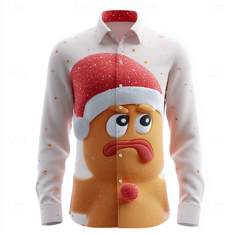Christmas Men's 3D Cartoon Smile Face Gingerbread Man Shirt Button Up Shirt Long Sleeve Funny Outdoor Holiday Spring Fall Turndown 3D Print Collared Shirts White Khaki Apricot2