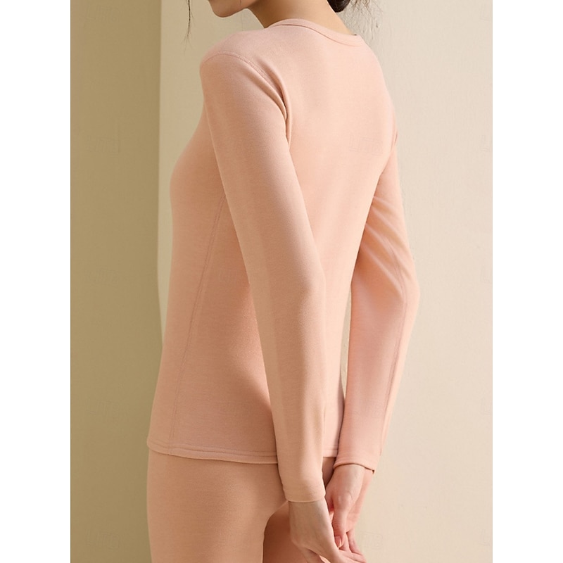 Women's Thermal Underwear Pajama Set Casual Comfort Pure Color Elastic Waist Pant Home Daily Long Sleeve Crew Neck Black Pink Light Brown Brown Green Spring Fall Winter Tailored Fit2