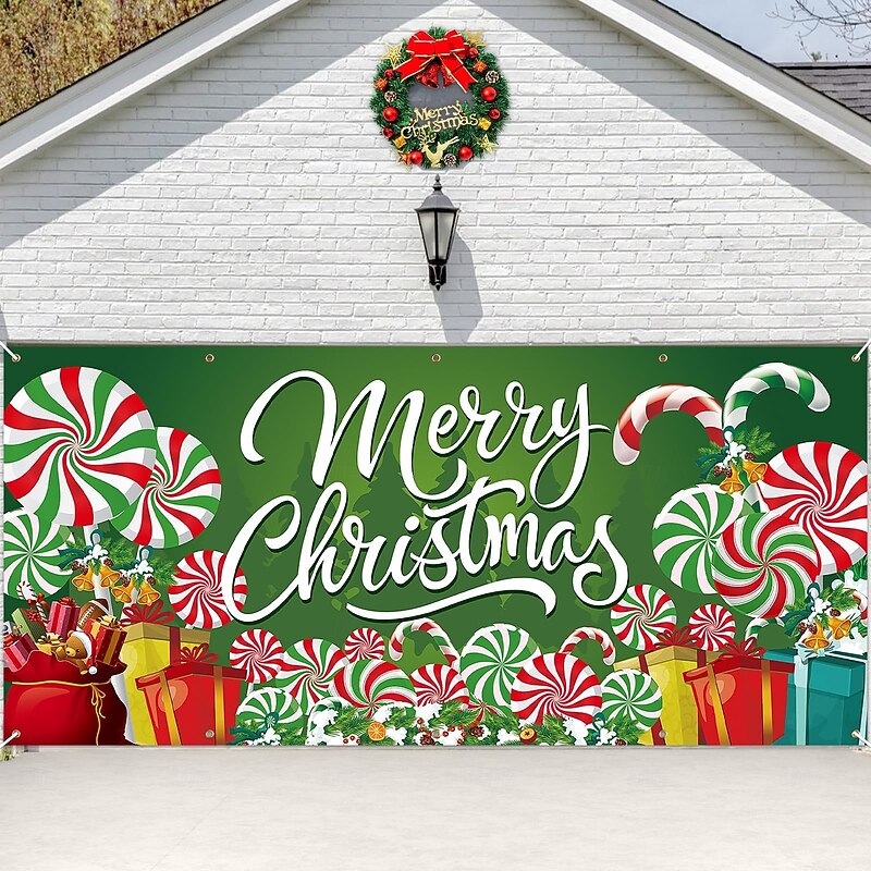 Christmas Outdoor Garage Door Cover Merry Christmas Candy Large Tapestry Backdrop Holiday Party Wall Decoration For Outdoor Garage Door Home Christmas Festival Celebration Decor
