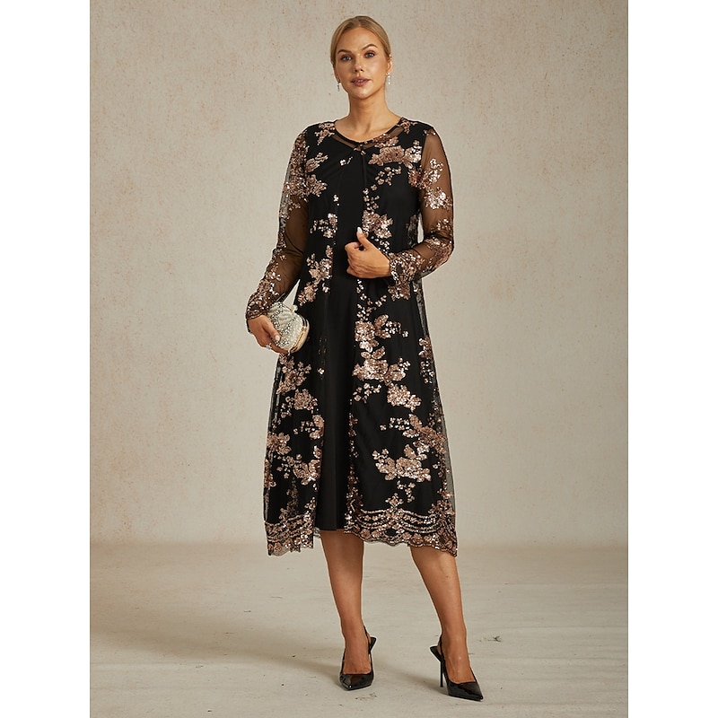 Women's Lace Tops Floral Elegant Stylish Long Sleeve Crew Neck Long Tops Evening Party Semi Formal Beach Wedding Sequins Black Spring Fall Winter4