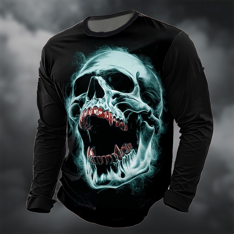 Halloween Men's Skull 3D T Shirt Long Sleeve T shirt 3D Print Crew Neck Shirt Fashion Exaggerated Street Casual Daily Blue Green Gray Summer Spring Fall Clothing Apparel S M L XL XXL XXXL2