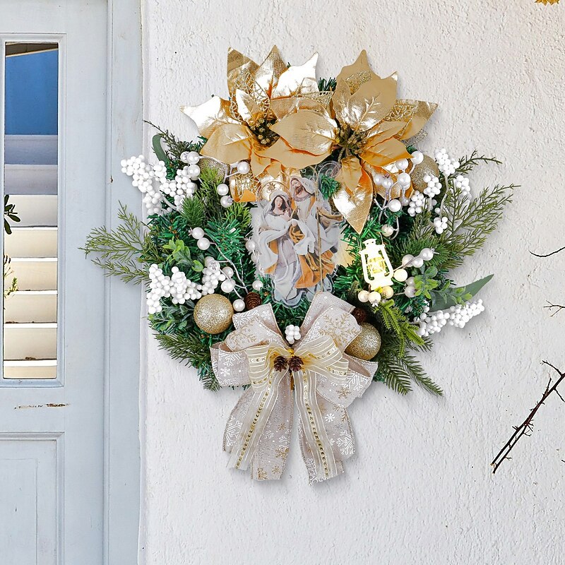 Christmas Wreath for Front Door Nativity Indoor & Outdoor Decoration, LED Gold Lantern Wreath, Illuminated Christian Holiday Flower Garland for Window, Wall, Door Display2