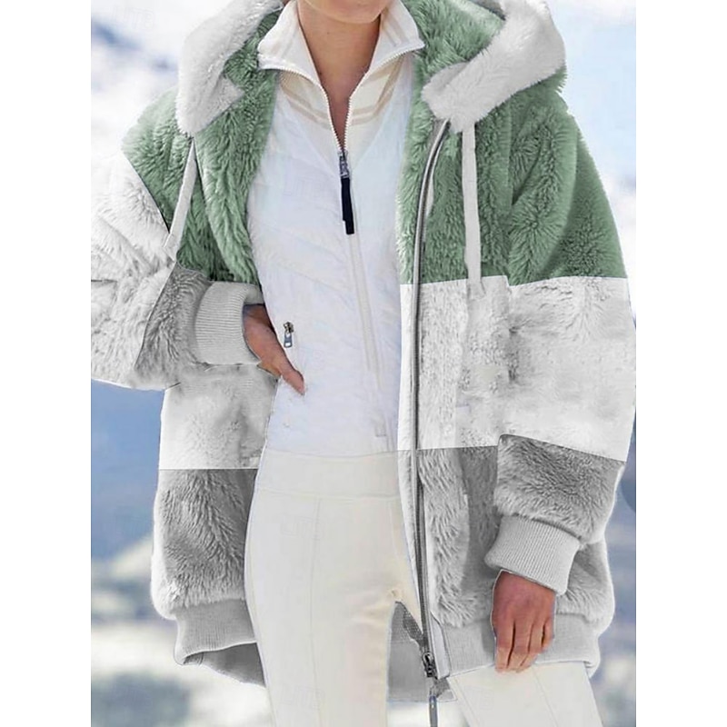 Women's Fleece Jacket Teddy Coat Hoodie Jacket Warm Breathable Zipper Pocket Color Block Fleece Lined Casual Stripe Vacation Street Daily Wear Going out Zipper Regular Hoodie Regular Fit Long Sleeve