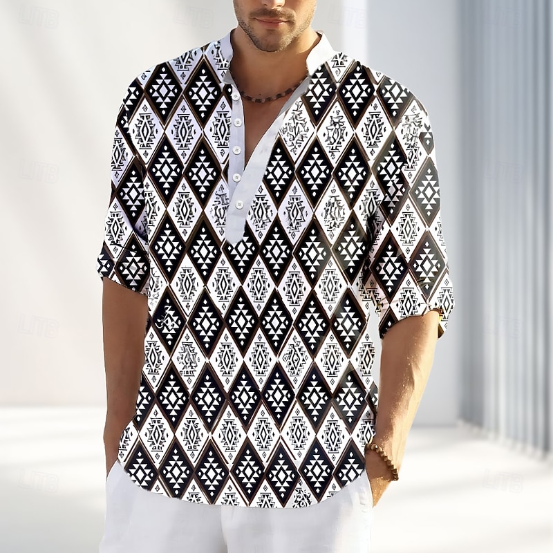 Men's Geometric Print T Shirt Henley Shirt Long Sleeve Retro Vintage Bohemian Casual Street Casual Daily Summer Spring Fall Black White Henley Henley T-Shirt2