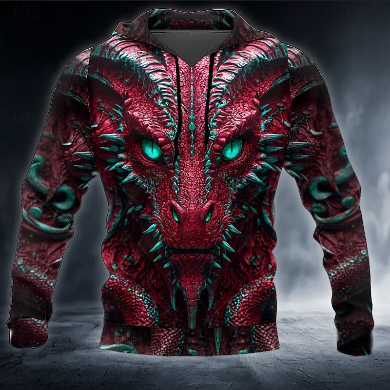Men's Dragon 3D Hoodie Sweatshirt Cool Party Crew Neck Club Streetwear Red Blue Drawstring Fall Winter Designer3