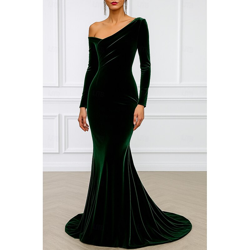 Green Black Mermaid / Trumpet Evening Gown Elegant Dress Formal Wedding Floor Length Long Sleeve Off Shoulder Velvet with Pleats 2025