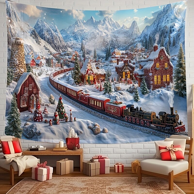 Christmas Outdoor Snow Scene Tapestry, Holiday Wall Hanging Background, Decorative Backdrop for Bedroom, Living Room, or Party4