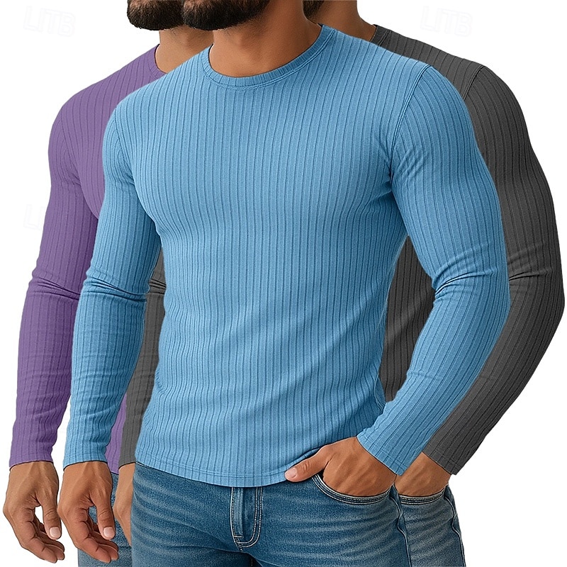 Men's T Shirt Muscle Shirt Ribbed Knit tee Tee Top Long Sleeve Crew Neck Spring Fall All Seasons Plain Textured Pit Strip Fashion Designer Basic 2 Piece Knitting Vacation Street Casual3