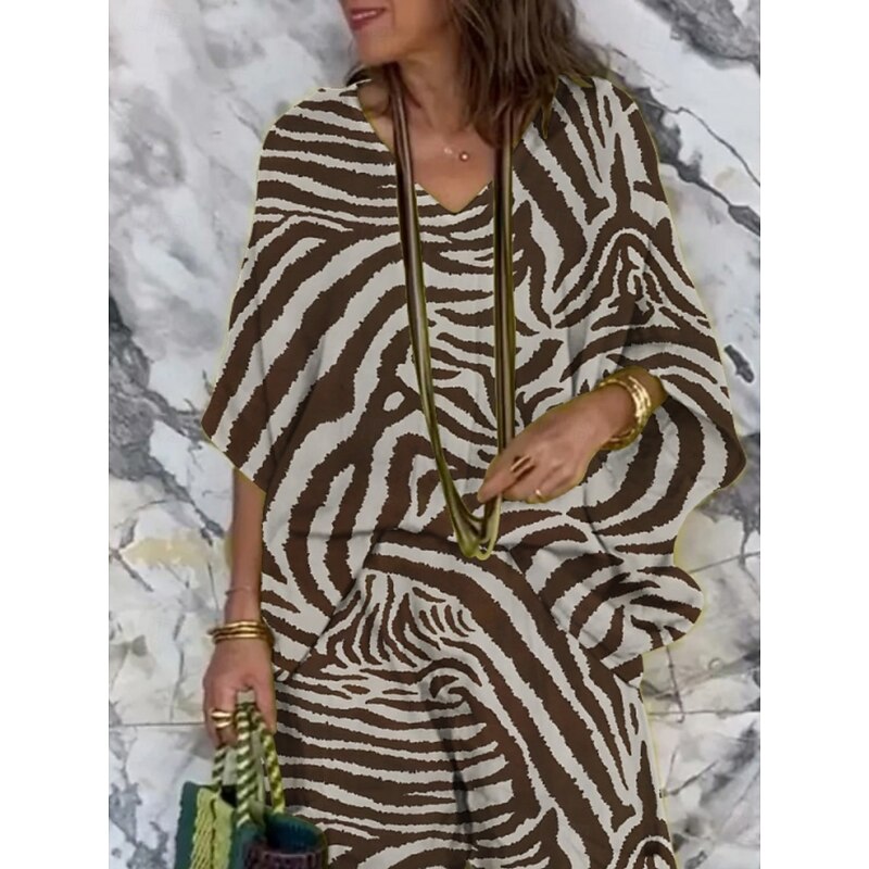 Women's Vacation Fashion Pants Sets 3/4 Length Sleeve V Neck Geometric Print Vacation Daily Holiday Khaki Summer Regular Fit2