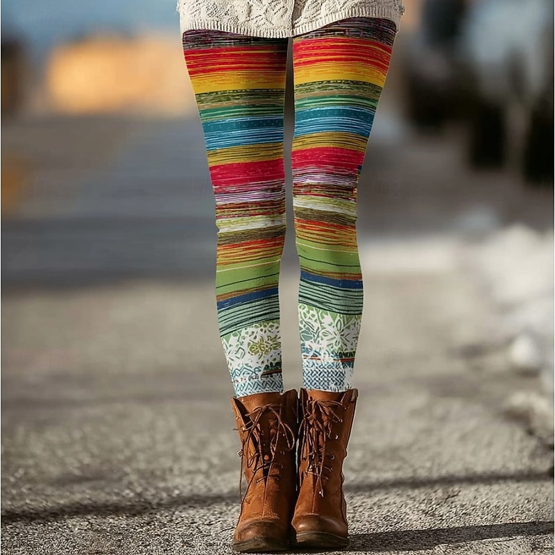 Women's Leggings Vacation Vintage Fashion Full Length High Waist Graphic Color Block Printing Thermal Warm Soft Breathable Stretchy Formal Outdoor Vacation Olive Brown Dark Brown Spring Fall Winter2