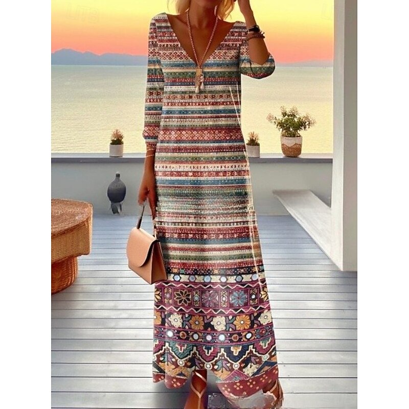 Women's Maxi Dress T Shirt Dress Tee Dress A Line Dress Vacation Casual Boho Going out Regular Fit Floral Graphic Geometric Long Sleeve V Neck Light Brown Blue Brown Spring Fall Winter3