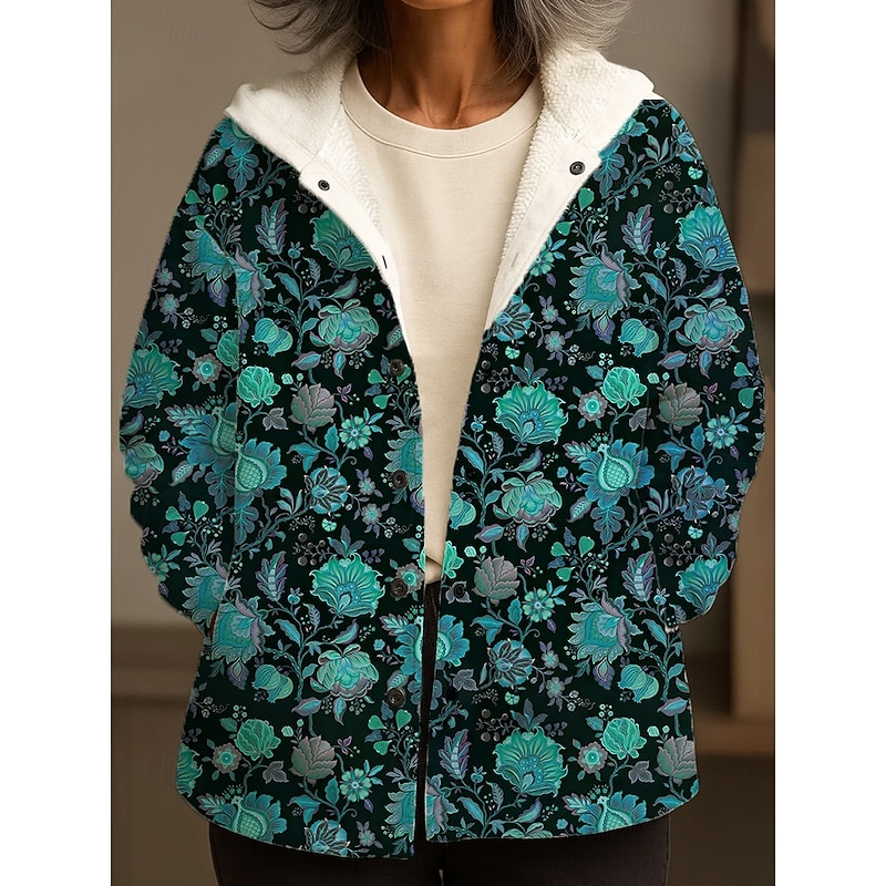 Women's Winter Coat Winter Jacket Fleece Jacket Windproof Warm Pocket Buttons Casual Floral Vacation Home Casual Daily Regular Hooded Regular Fit Long Sleeve Outerwear Pink Blue Orange Winter3