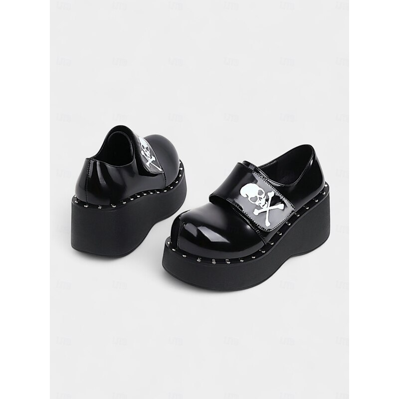 Women's Black Halloween Skull Print Platform Loafers – Shiny Patent Faux Leather Goth Shoes for Night Parties and Streetwear Looks