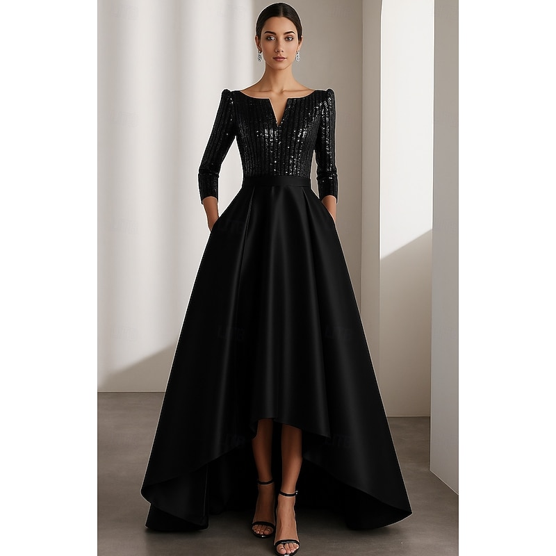 Black Red Sequin A-Line Evening Gown Elegant Formal Dress Formal Wedding Floor Length Long Sleeve V Neck Satin with Glitter Pleats 2025