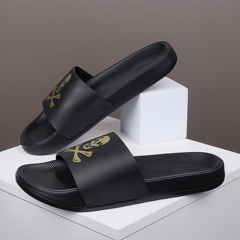 Men's Halloween Skull Slide Sandals – Black Slip-On Casual Slippers with Skull Print, Comfortable Anti-Slip Sole for Party, Costume and Indoor Wear4