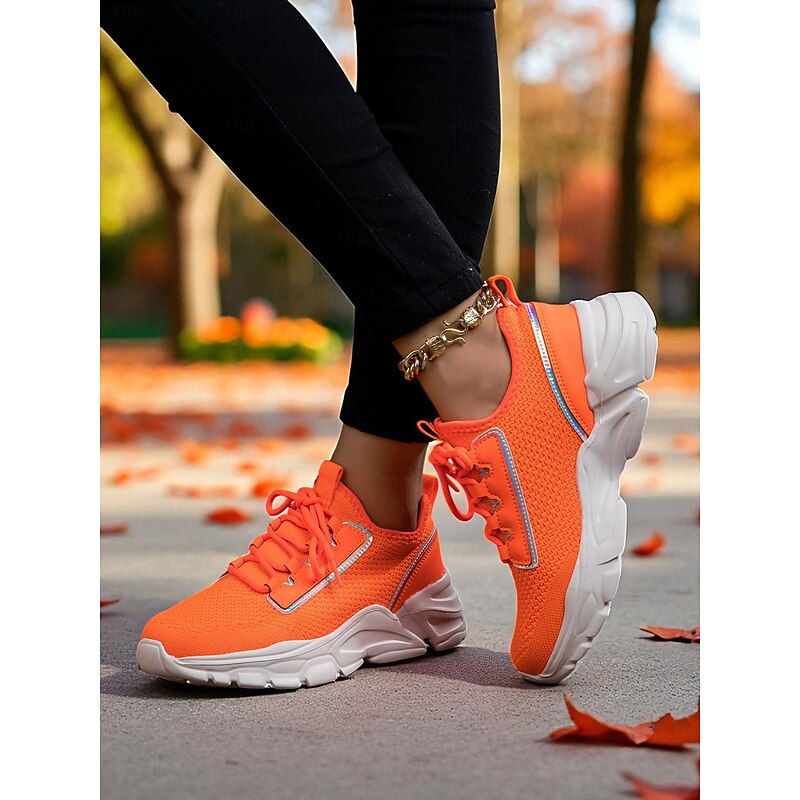 Women's Orange Athletic Sneakers – Breathable Lace-Up Chunky Sole Running Shoes for Walking, Fitness and Casual Outfits3