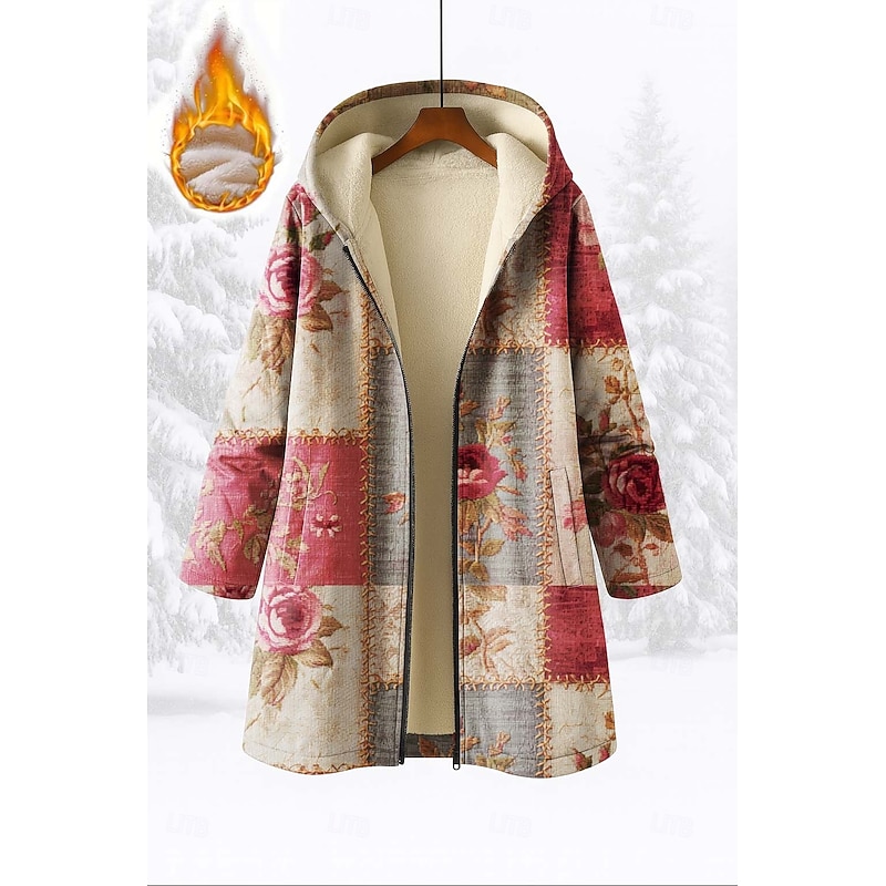 Women's Zip Up Hoodies Floral Graphic Geometric Elegant Warm Active Long Sleeve Hooded Long Tops Home Work Dailywear Patchwork Print Pink Spring Fall Winter